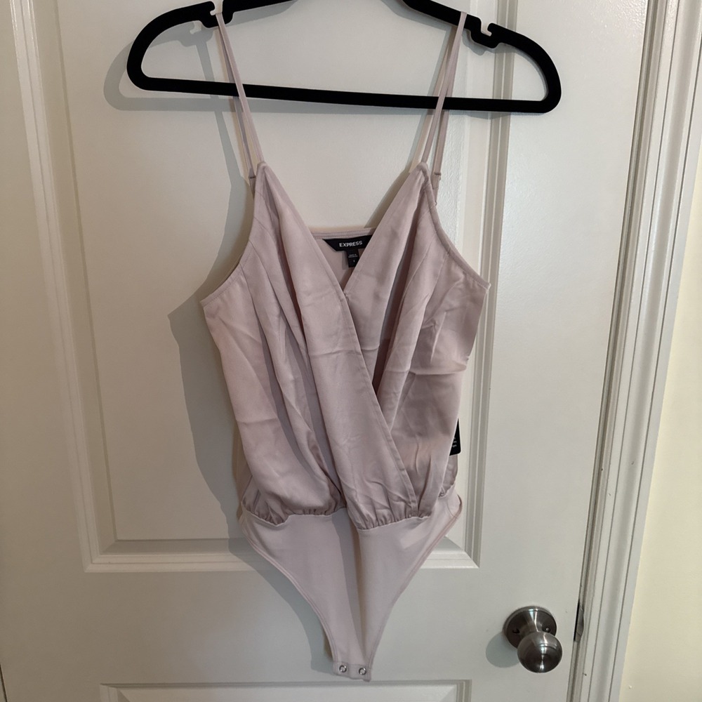 NWT Express Satin Champagne Pleated Faux Wrap Cami Thong Bodysuit Small